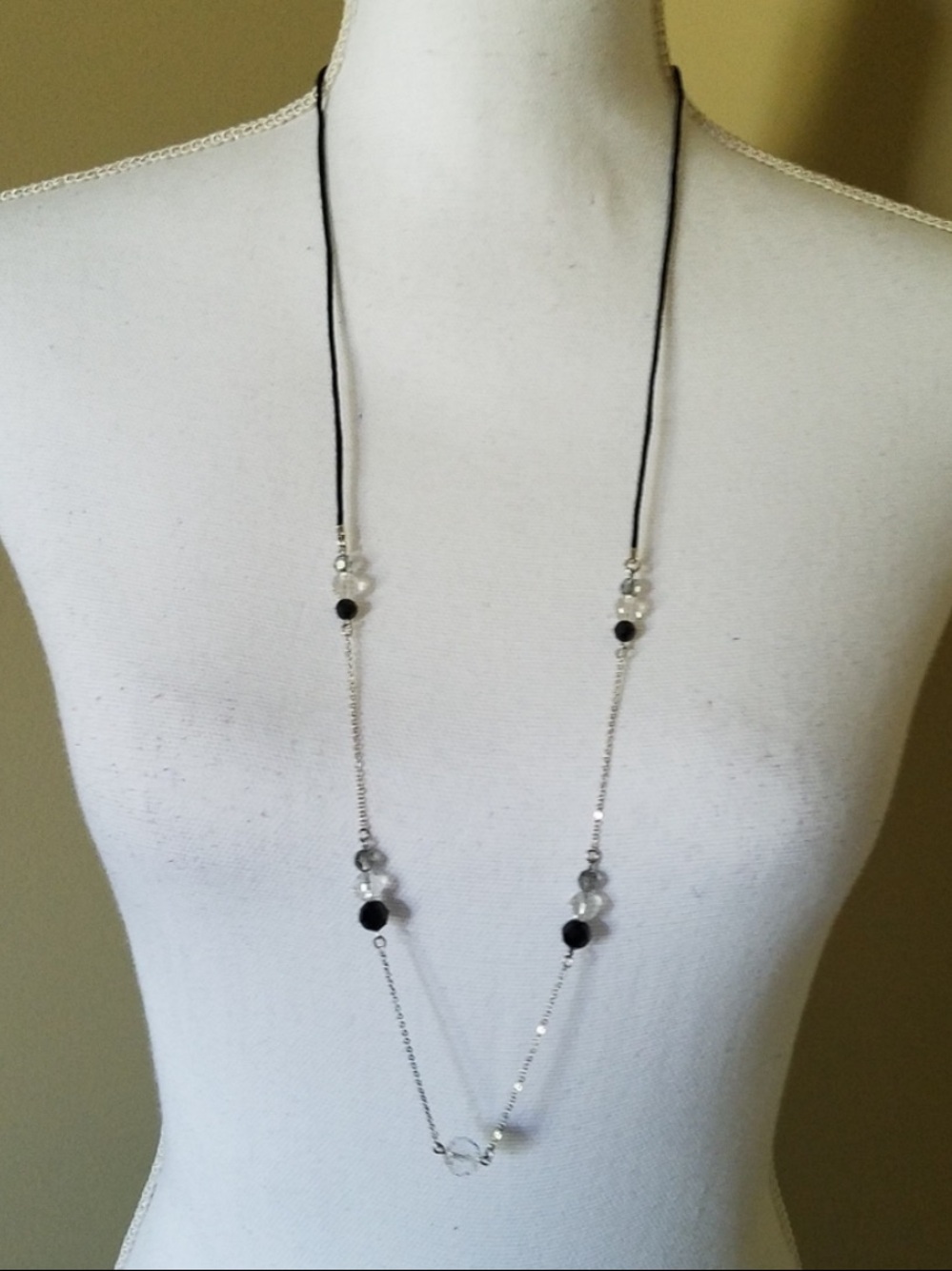 AUTHENTIC Swarovski Long Layering Necklace Black & Clear Crystals on Black Satin